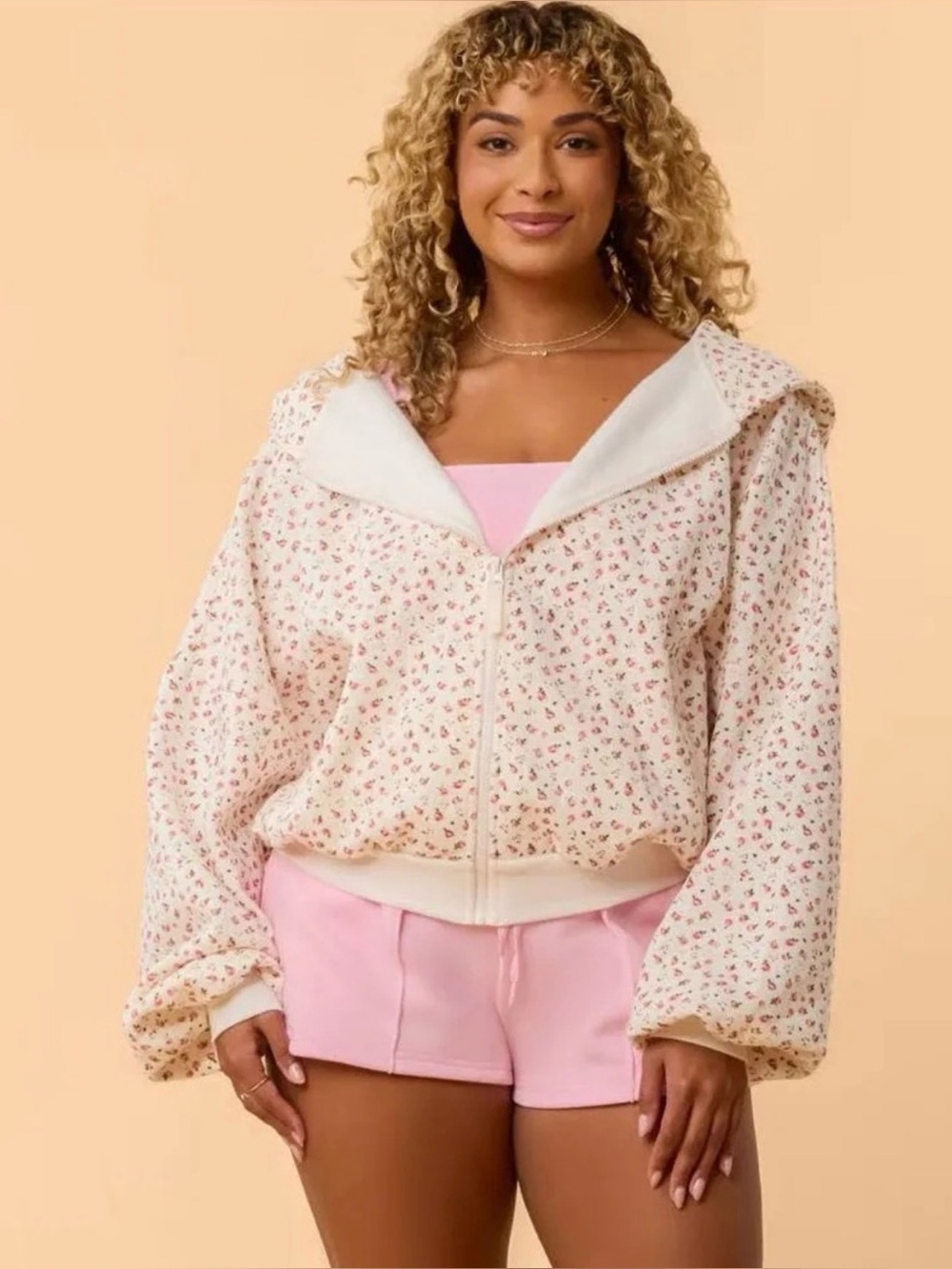 Blogilates Marshmallow Full Zip Hooded Sweatshirt - Cream Floral | Size L